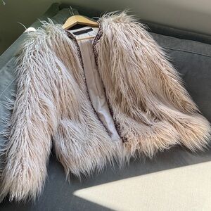Zara Cream Faux Fur Jacket with Brown Accents
